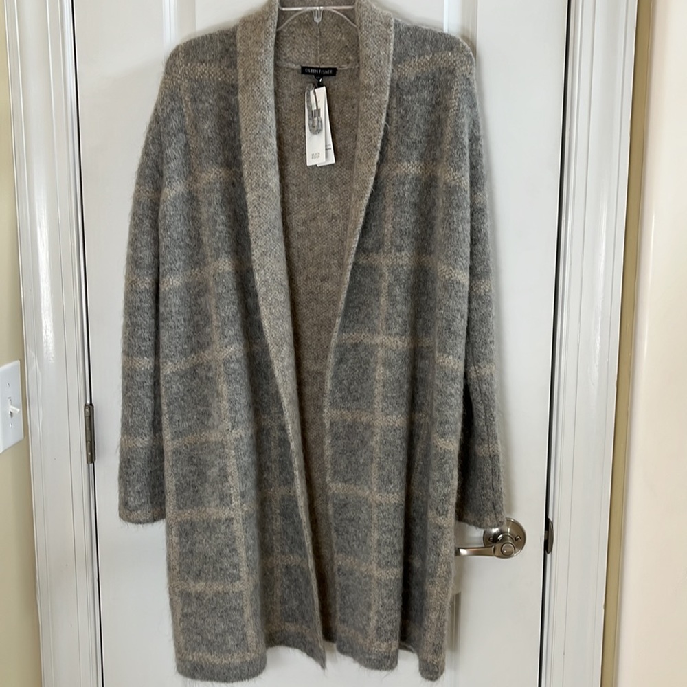 Eileen Fisher Mohair Melange Windowpane Shawl Collar Cardigan Gray/Cream. Sz XXS
